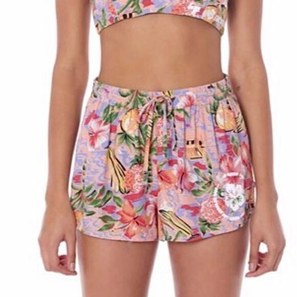 LF The Brand Floral‎ Tropical Shorts Pink Green - Picture 1 of 7